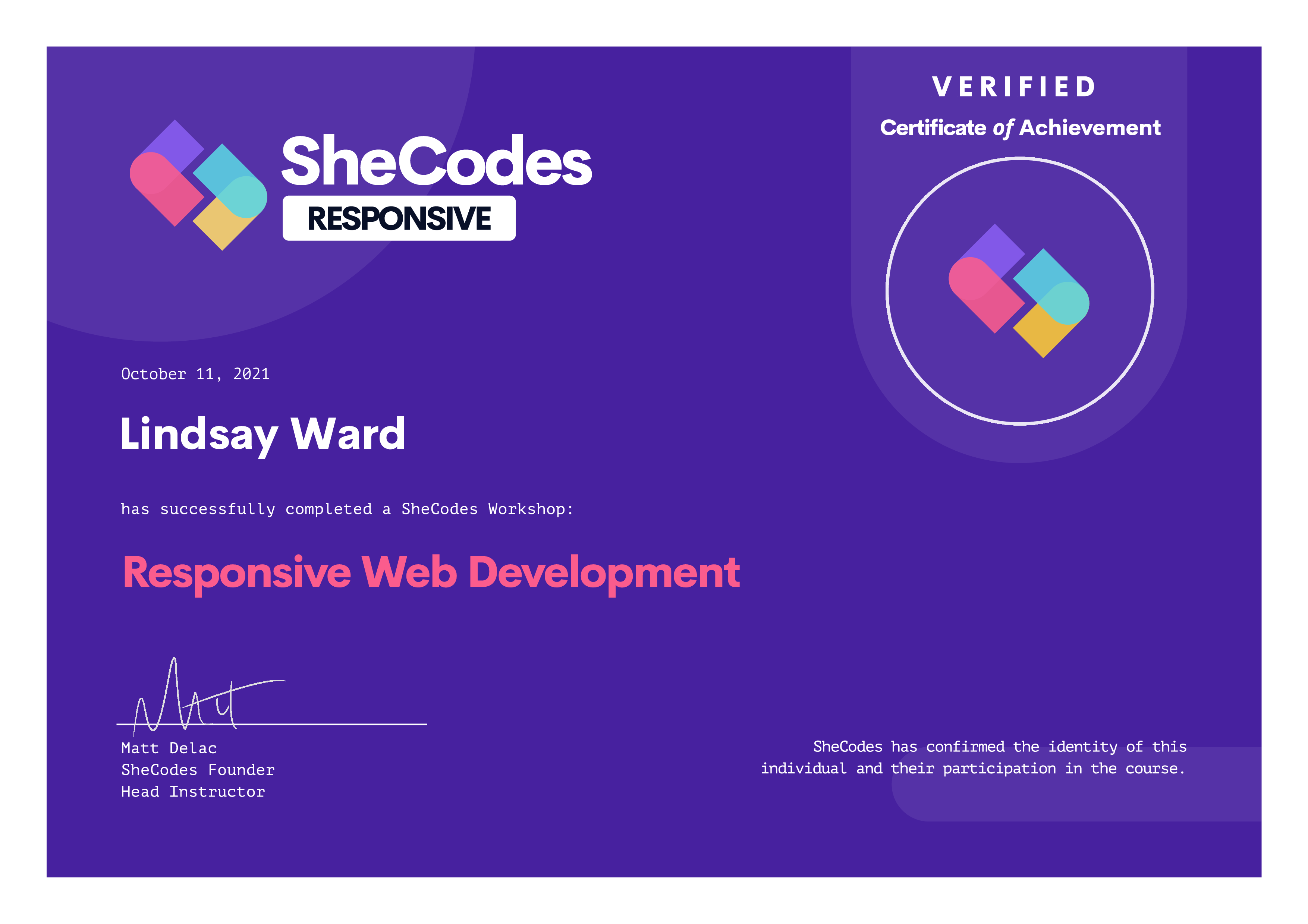 SheCodes Responsive Coding Certificate